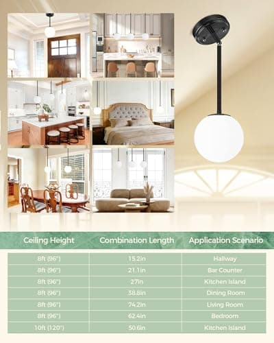 Majade Globe Pendant Lights Kitchen Island Mid Century Modern Pendant Light Fixtures 7.4 Inch Black Ceiling Lighting with Milk White Glass Shade Adjustable Hanging Light for Dining Room Living Room - Thumbnail 3