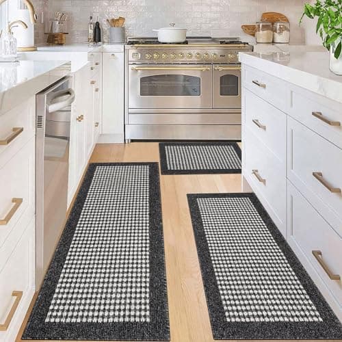 Ileading Kitchen Mat Sets 3 Piece Minimalist 3D Lattice Kitchen Floor Rugs with Non Slip Rubber Backing Machine Washable Farmhouse Runner Rugs for Laundry Hallway Doormat(Black) - Image 1