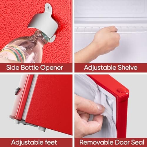 Upstreman 1.7 Cu.Ft Retro Mini Fridge, Low Noise, Energy Saving, Adjustable Thermostat, Single Door, Side Bottle Opener, Metal Handle, Compact Refrigerator for Office, Bedroom, Dorm-FR17 PRO (Red) - Thumbnail 6