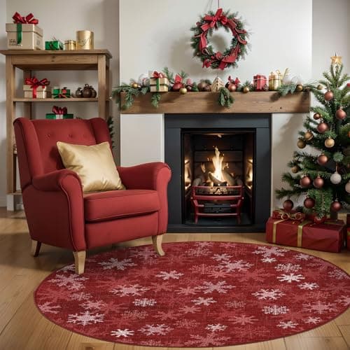 Dotiiorug Christmas Round 4Ft Washable Rugs,Low Pile Non Slip Carpet Non-Shedding Rug Soft Stain Resistant Mat for Living Room Bedroom Snowflake Red - Thumbnail 3