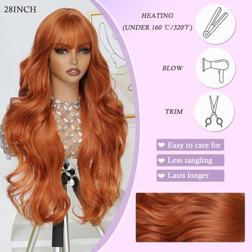 Barbique Orange Synthetic Wig with Bangs, Long Wavy Hair Natural Hairline, Heat Resistant Synthetic Hair, Adjustable Straps, Perfect for Work Party Daily Use Beginner Friendly - Thumbnail 2