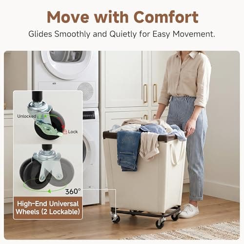 StorageWorks Basic Laundry Hamper with Wheels, 210L Large Rolling Laundry Basket, Heavy Duty Dirty Clothes Hamper for Home and Laundry Room, Beige - Thumbnail 3