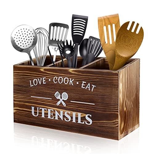 MINCORD Brown Utensil Holder Rustic Wood Utensil Caddy Crocks with 3 Compartments for Kitchen Counter, Farmhouse Flatware Organizer Storage Box for Silverware Fork Spoon Spatula - Image 1
