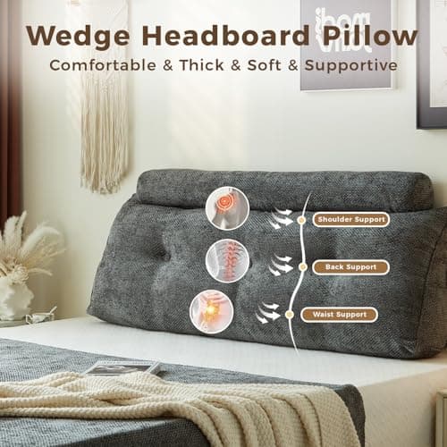ZERALIVEN Headboard Pillow for Queen – Chenille Large Triangular Wedge Pillow for Headboard Gap, Daybed and Couch Backrest, Reading and Sitting Up in Bed with Removable Washable Cover, Dark Gray - Thumbnail 2