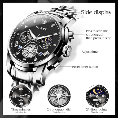 OLEVS Watch Men Luxury Dress Black Big Face Silver Stainless Steel Wrist Analog Quartz Watches for Men Waterproof Chronograph Luminous Moon Phase Cheap Mens Watches Relojes para Hombres - Thumbnail 6