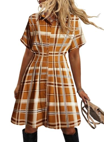 Dokotoo Women's Shirt Dress Spring Short Sleeve Pleated Waist Mini Dresses Dressy Collared Button Up Corset Casual Dresses Shirred High Waist Loose Fit Dress Coffee Small - Image 1