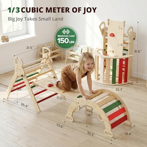 BlueWood Pikler Triangle Set, Toddler Wooden Climbing Toys Indoor 7in1 Foldable Climber for Kids, Montessori Philosophy Play Jungle Gym with Arch, Ramp, Ladder (Warm Winter Christmas) - Thumbnail 2