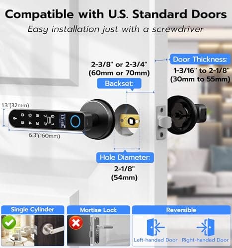 Anweller H1 Fingerprint Door Handle Lock, Smart Keyless Entry Door Knob Lock, Door Lever Locks for Bedroom, Bluetooth App Control Doorknob, Display Screen, RFID Card, Code Keypad - Black - Thumbnail 5