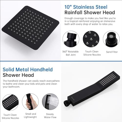 G-Promise All Metal 10 Inches Rainfall Shower Head with Handheld Spray Combo, 3 Settings Diverter, Adjustable Extension Arm with Lock Joints, 71 Inches Stainless Steel Hose (Matte Black) - Thumbnail 5