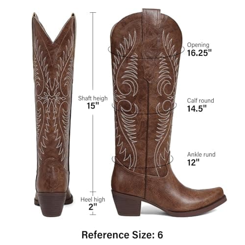 Erocalli Spring Cowgirl Boots Women Brown Knee-high Western Cowboy Boot - Exquisite Embroidery, Snip Toe, Pull On, Wide Calf, Tall Cowgirl Boots, Chunky Heel, Comfortable, All-Day Wear, Outdoor - Thumbnail 5