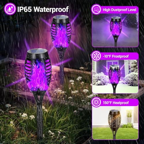 AOUNQ Solar Lights Outdoor Halloween Decorations, Upgraded 4 Pack Purple Solar Torch Lights with Flickering Flame, Waterproof Halloween Lights Outdoor, Tiki Torches for Outside Patio Pathway Decor - Thumbnail 4