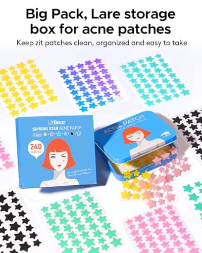 LitBear Acne Patch Pimple Patch, 6 Colors 240 Dots Star Pimple Patches with Tea Tree Oil & Centella Oil, Hydrocolloid Acne Pimple Patches for Face Cute Zit Patches Pimple Stickers Acne Dots - Thumbnail 6