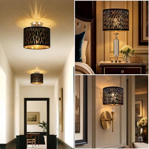 Black Lamp Shades For Table Lamps Set of 2, 13" Top x 13" Bottom x 10" High, Industrial Etching Vertical Stripe Medium Drum Shade, Replacement Living Room Floor Shades - Thumbnail 6