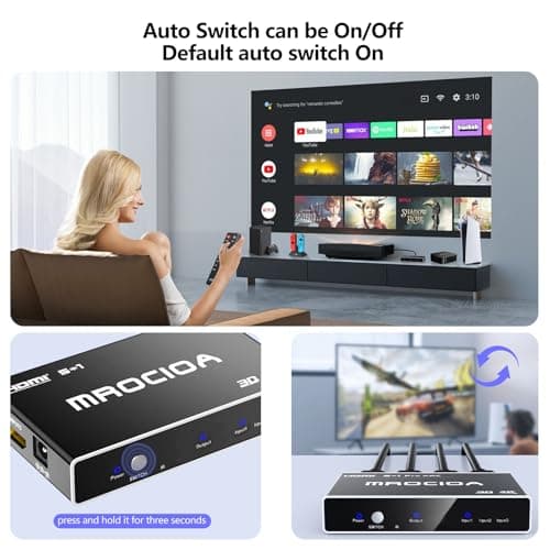 HDMI 2.0 Switch 3 in 1 Out with Remote, 4K 60Hz Splitter Switcher, HDCP 2.3, ARC, CEC, ALLM/VRR, Dolby Vision/HDR10+/Atmos, Aluminum+Acrylic, for PS5/4, Xbox, Apple TV, Fire TV - Thumbnail 4