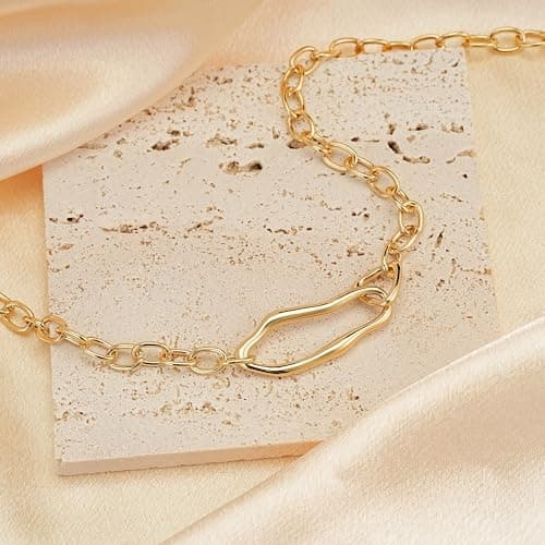 Sylph 18K Gold Plated Chunky Oval Pendant Necklaces, Simple Gold Link Flat Cable Chain Necklaces Paperclip Choker Statement Jewelry Gifts for Women - Thumbnail 3