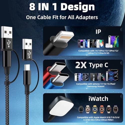 Dual Type-C Port 4 in 2 Multi Charging Cable for iWatch Charger/iPhone17/IP, Cruise Travel Essentials 2026, USBA/USBC Cable for iWatch Ultra/SE/11-2, iPhone17-8, Pad, GalaxyS26, Car Charger- 2Pcs 5FT - Thumbnail 3