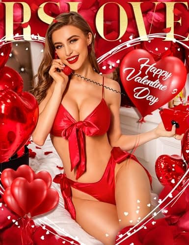 RSLOVE Women Sexy Lingerie Set Satin Bow Tie 2 Piece Bra and Panty Sets Red Large - Thumbnail 2