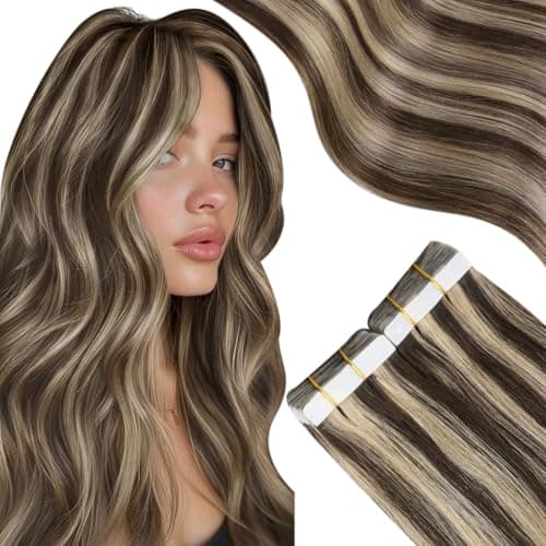 Moresoo Tape in Hair Extensions Human Hair Brown Real Hair Extensions Tape ins Dark Brown with Caramel Blonde Human Hair Tape in Extensions Fashion Seamless Hair 24 Inch 20Pcs/50g #P4/27 - Image 1