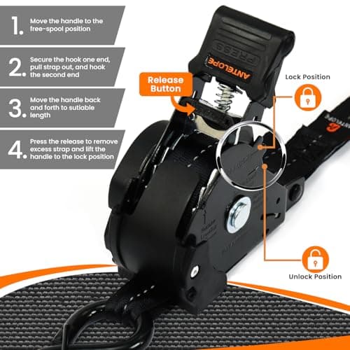 Retractable Ratchet Straps (4 PK) 1 in x 12 ft Auto Retract Tie Down Straps, 1500lb Break Strength AutoRetract Self Retracting for Motorcycle, Truck, Cargo, Trailer, ATV, UTV -Black - Thumbnail 4