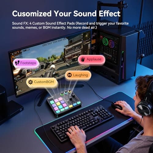 OneOdio Solocaster Gaming Audio Mixer - 5 Channel Interface with 48V Phantom Power, Bluetooth, RGB Lighting, 3.5mm/XLR/USB C, for Streaming/Podcast/Karaoke on PC, Mac, Mobile - Thumbnail 5
