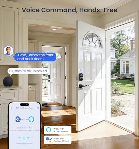 Veise VE012W-B Wi-Fi Fingerprint Smart Lock with Handle Set, Remote App Control, Keyless Entry Front Door Lever, Built-in WiFi No Hub Needed, Backlit Keypad Deadbolt, Auto-Locking, Matte Black - Thumbnail 4