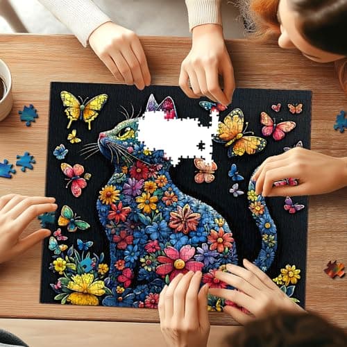 Floral Cat and Butterfly Jigsaw Puzzle for Adults 500 Piece, Colorful Flower Kitten Challenging Jigsaw Puzzle with Poster & Lettered Back, Family Activity Home Decor, 20x20 Inch - Thumbnail 6
