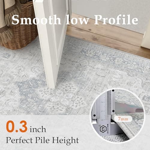 PureCozy Blue 4x6 Vintage Washable Thin Area Rug Traditional Distressed Indoor Non Slip Soft Low Pile Carpet, Easy Care for High Traffic Soft Rugs in Bedroom Office Coffee Table Dining Room - Thumbnail 2