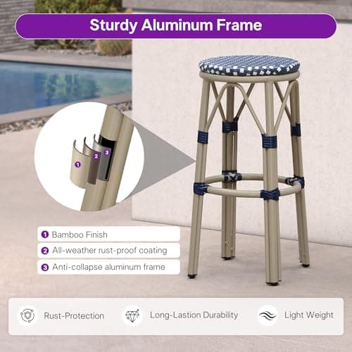 PURPLE LEAF Outdoor Round Bar Height Stool Set of 2 Patio Backless Barstools Aluminum Frame in Champagne Finish with Navy Blue & White Woven Rattan for Indoor Kitchen Dining Bistros Cafe Restaurant - Thumbnail 4