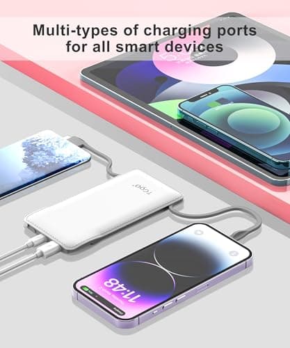 TG90° 10000mAh Power Bank Built-in Cables, Pocket Size USB C Portable Charger, 3A Fast Charging External Battery Pack, Travel Essential Phone Powerbank Compatible with iPhone Samsung iPad White - Thumbnail 3