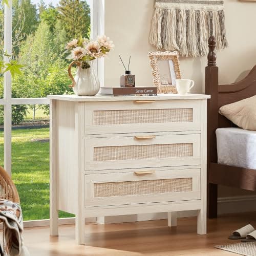 LEYAOYAO 31.5" Wide Rattan Night Stand, Large Boho Nightstand, Bedside Table with Storage, Tall Bed Side End Tables, Chest of Drawers for Bedroom, Living Room, Hallway（Grey,3 Drawers,2） - Thumbnail 5
