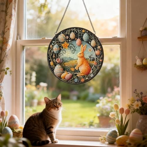 Easter Bunny Stained Glass Window Hanging Suncatcher, Colorful Rabbit with Egg Spring Decor for Home Garden, Animal Glass Art Ornament, Birthday Gift for Women Mom Nana, 7.8 Inch Sun Catcher - Thumbnail 5