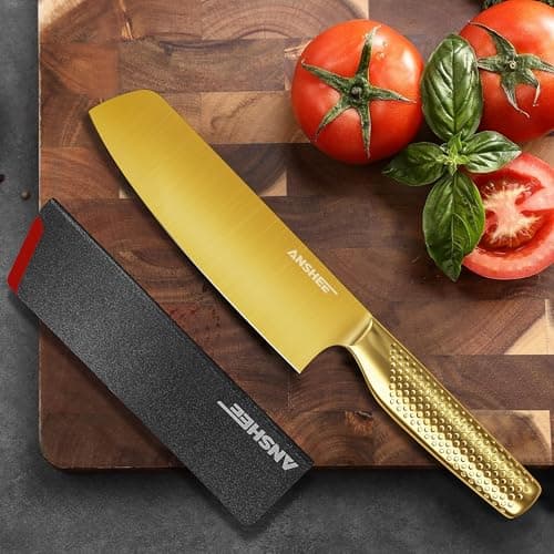 ANSHEE 7 Inch Japanese Santoku Knife High Carbon Stainless Steel Gold-Colored ProfessionalChef Knife,Multipurpose Kitchen Blade Ultra Sharp with Sheath/Gift Box for Meat,Veggies,Fruits Home&Restaurant - Thumbnail 2