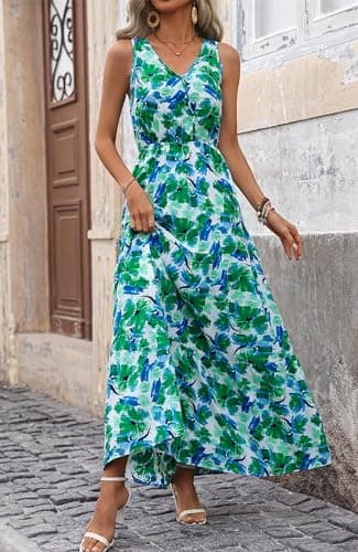 BTFBM Women Summer Dresses Casual Sleeveless Maxi Dresses Cute Floral Long Dress Wedding Guest Dress(Green Flower,Medium) - Thumbnail 3