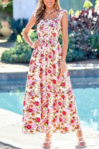 dowerme Womens Summer Maxi Dresses 2026 Casual Ruffle Sleeve Button Smocked Floral Slit Boho Dress Spring Beach Sundress(White Pink Flower,XX-Large) - Thumbnail 2