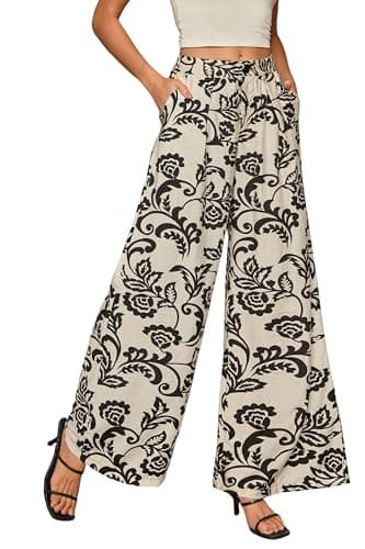 Women Elastic Waist Palazzo Wide Leg Zipper Button Cream and Black Floral Print Viscose Rayon Loose Fit Tapered Dress Pant with Pockets for Office Vocation Wear to Work Casual Beach Trouser Medium M - Image 1