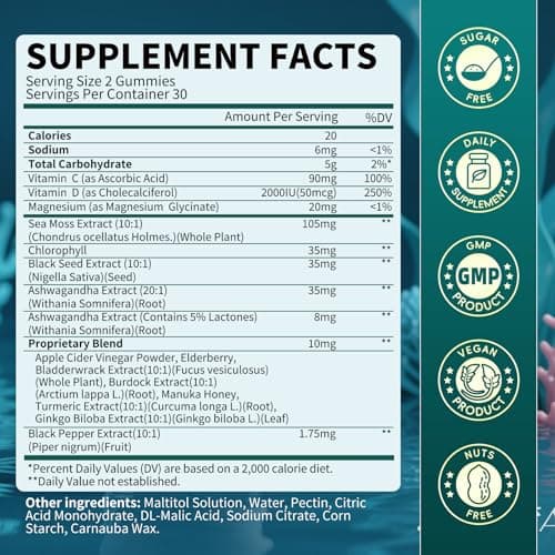 Sea Moss Gummies with Ashwagandha & Chlorophyll, Immune, Digestive and Gut Detox Support, Powered by Black Seed Oil, Vitamin C, Vitamin D & Magnesium, GMO, Vegan, Apple Flavor, 60 SeaMoss Gummies - Thumbnail 2