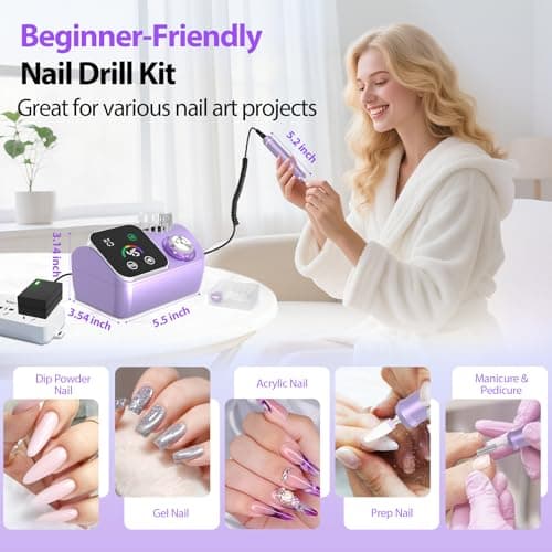 PYVOLA Professional Electric Nail Drill E-File Machine - 45,000 RPM Corded Nail Drills Kit with Low Noise & LED Display for Shaping, Removing & Polishing Acrylic Gel Nails for Salon Home - Thumbnail 6