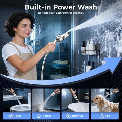 Rain Shower Head with Handheld,Dual Shower Head with Hose,Detachable 10" High Pressure Shower Head Combo with 9 Settings Shower Spray Built-in Magnetic Docking & Power Wash Mode (Chrome) - Thumbnail 5