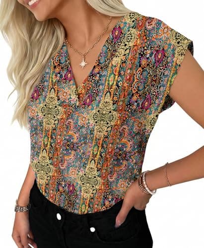 GKBK Women Tops Cap Sleeve Textured Dressy Casual V Neck Shirts 2026 Summer Business Work Blouses Outfits Vintage Boho XL - Image 1
