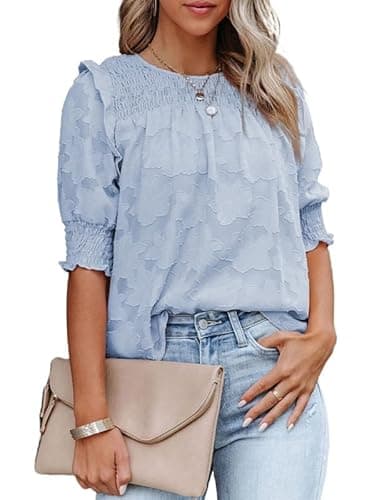 Dokotoo Cute Tops for Women Dressy Casual Shirred Half Sleeve Blouses for Women Fashion 2026 Summer Crewneck Lace Textured Blue Oversized t Shirts Large - Image 1