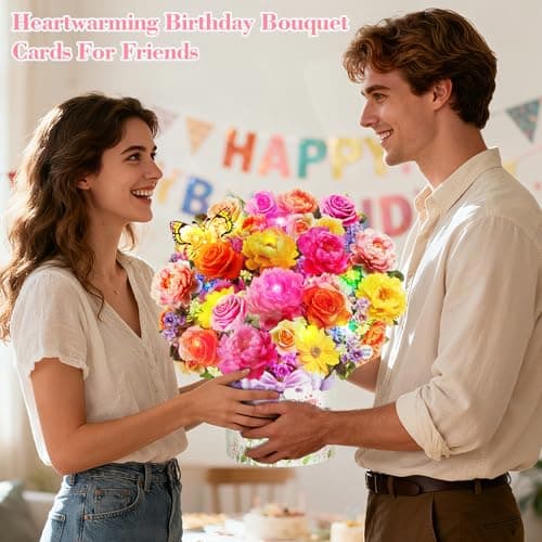 XTF2015 Birthday Cards with MUSIC & LIGHTS, Happy Birthday Card, Peony & Butterfly, 13 Inch Life Sized Forever Flower Bouquet 3D Pop Up Music Cards for Mom Daughter Women Wife - Thumbnail 4