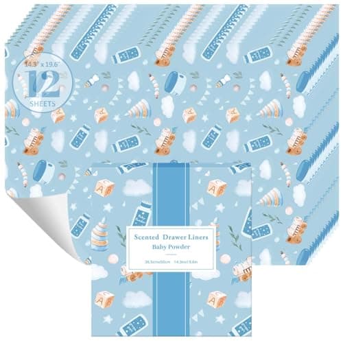 STRN Drawer Liners for Dresser, Baby Powder Scented Fragrant Drawer Liner 12 Sheets, Non-Adhesive Drawer Paper Liner for Bedroom Shelf Closet, Shoe Chest - Image 1