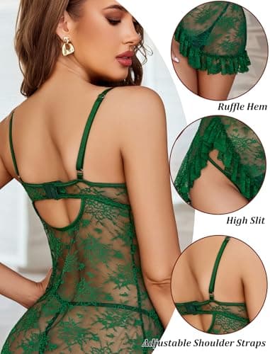 Avidlove Women Lingerie Lace Babydoll V Neck Sexy Sleepwear Strap Chemise Ruffle Hem Nighdress Green S - Thumbnail 3