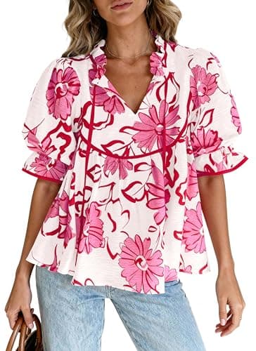 PRETTYGARDEN Womens Summer Tops 2026 Cute Puff Sleeve Ruffle V Neck Babydoll T-Shirts Boho Floral Fall Peplum Shirts(Pink Floral,Medium) - Image 1