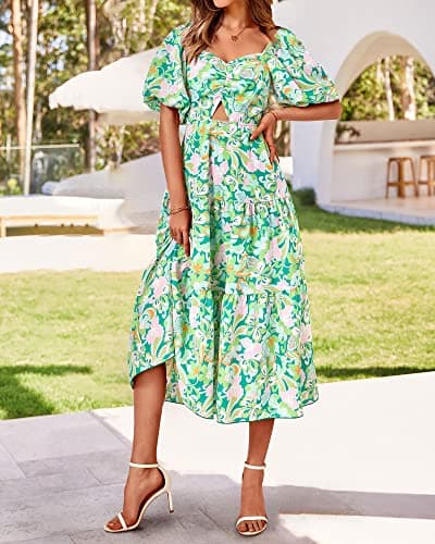 BTFBM Summer Dresses for Women 2026 Spring Outfits Beach Vacation Short Sleeve Smocked Boho Casual Floral Maxi Dress(Print Green, Medium) - Thumbnail 3
