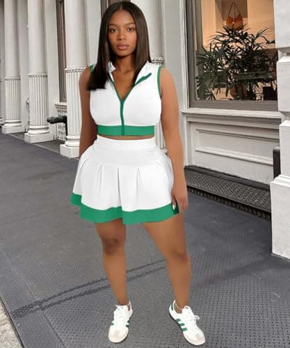 ABKY Tennis Outfits Golf Skirt Sets Women 2 Piece Outfit Zipper V Neck Crop Top and Pleated Mini Skirt Set Summer Tracksuits White S - Thumbnail 3