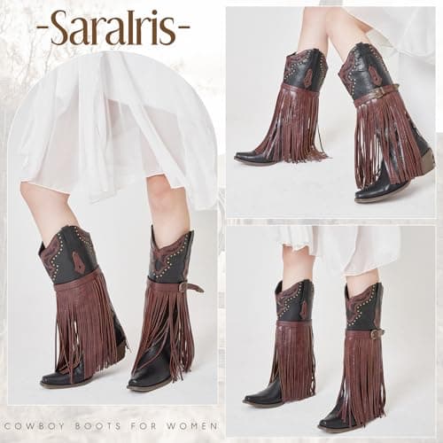 SaraIris Women's Black Cowgirl Boots Knee High Cowboy Boots Fringe Boots Chunky Heel Buckle Strap Tassel Boots Fashion Pointed Toe Pull On Western Boots for Women Size 7 - Thumbnail 6
