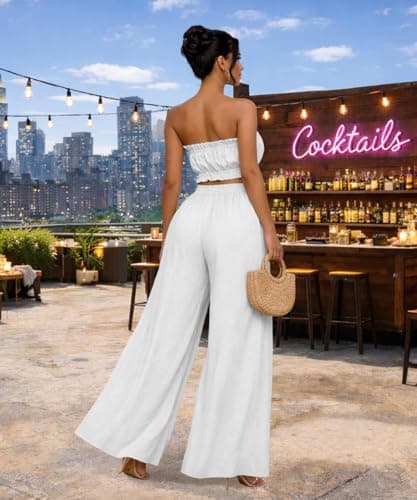ABKY Two Piece Sets for Women Going Out Summer Off Shoulder Tube Top Palazzo Pants Set Vacation Birthday Party Date Night Outfits White 2XL - Thumbnail 5