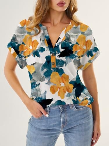 GKBK Womens Short Sleeve Henley Tops V Neck Dressy Casual Blouses Summer Trendy Tee Shirts 2026 Vacation Going Out Resort Wear Fashion Clothes Print Flower L - Thumbnail 5