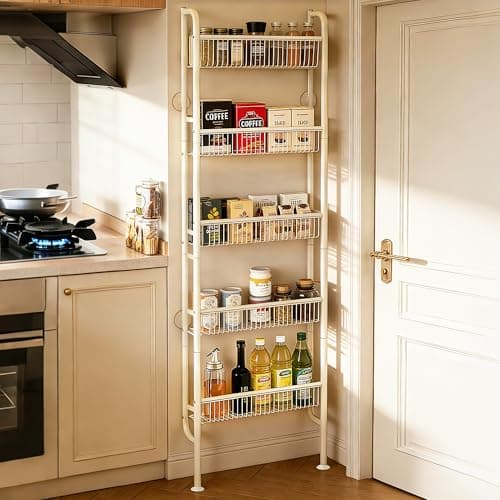 Ormeo Home Behind The Door Narrow Bookshelves Pantry Spice Rack 5-Tier Slim Metal Space-Saving Organizer for Bathroom Closet Kitchen Living Room Sturdy Room Laundry Room, White - Thumbnail 5